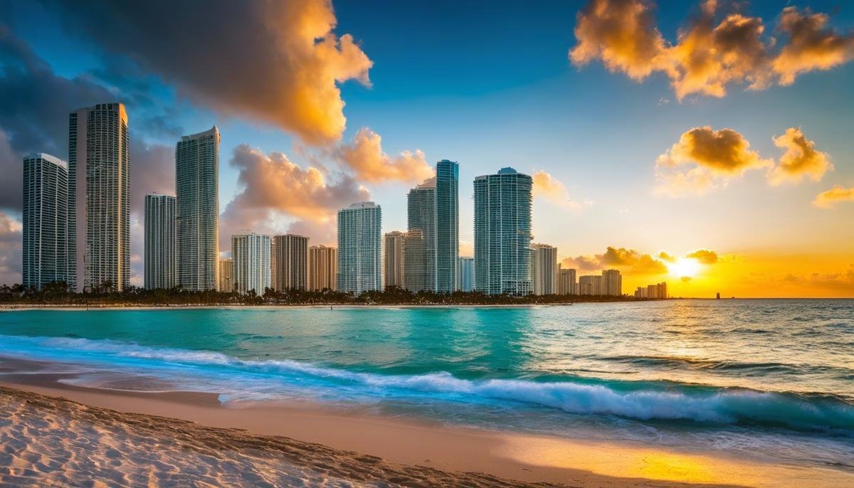 A stunning view of Miami Beach at sunset, showcasing the beautiful coastline, blue waters, and luxury high-rise buildings.