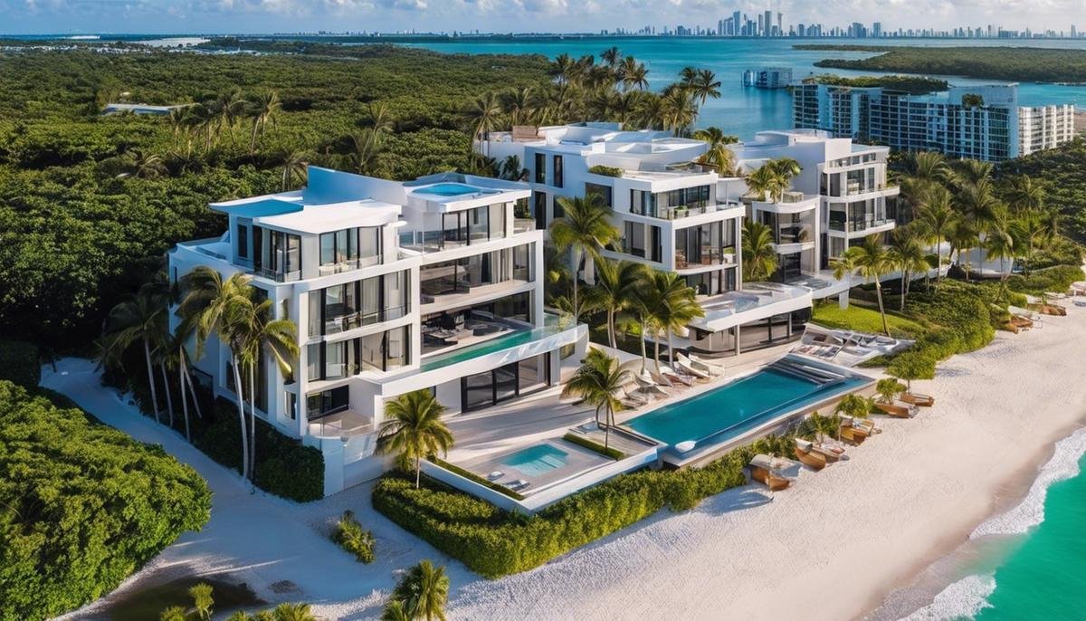 A beautiful aerial view of Miami's beachfront villas, showcasing their luxurious features and stunning location.