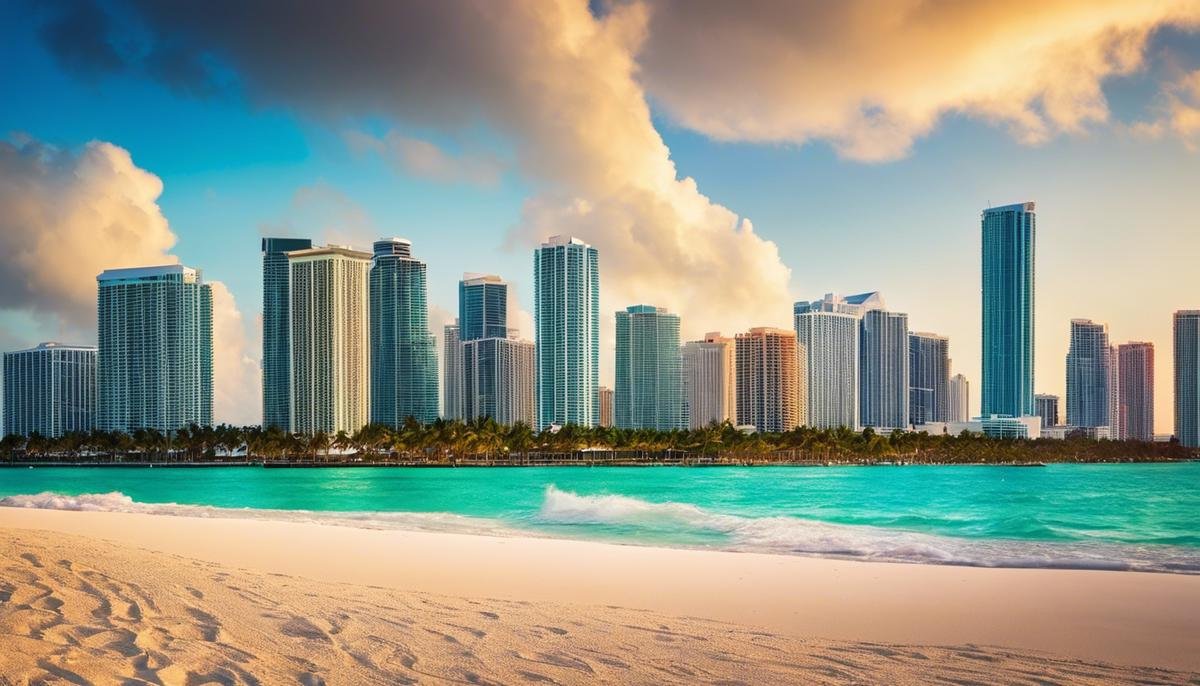 A colorful image of Miami's skyline with beautiful beaches in the foreground
