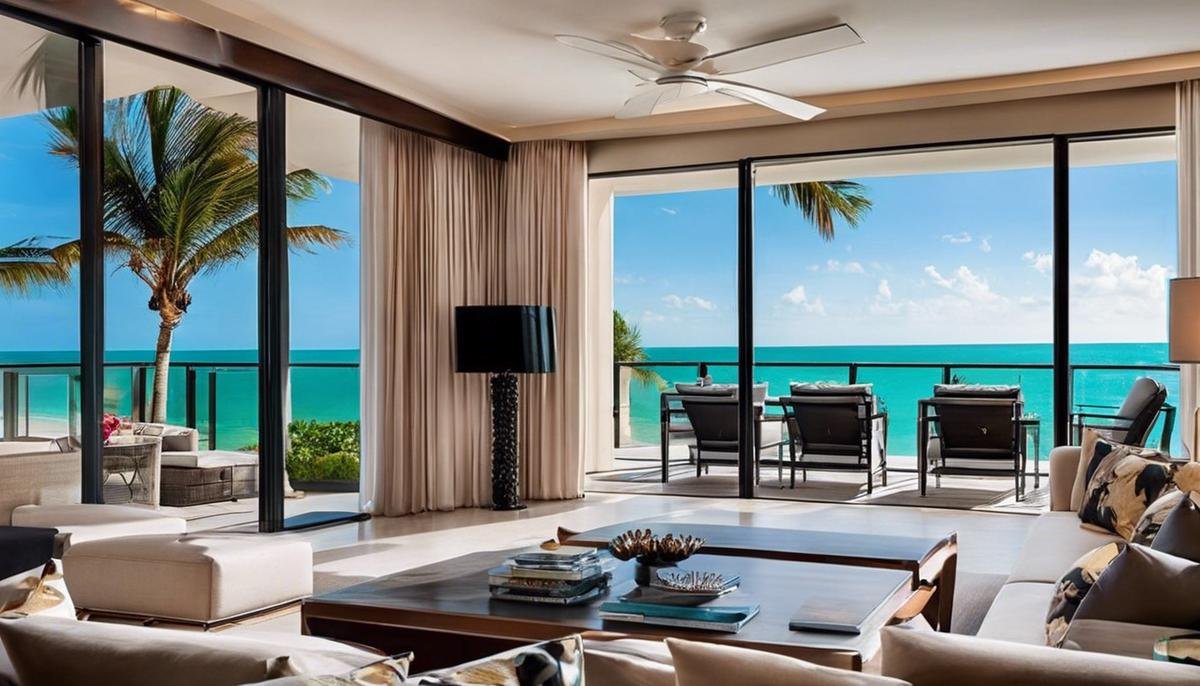 A breathtaking view of Miami's beachfront villas overlooking the ocean and palm trees