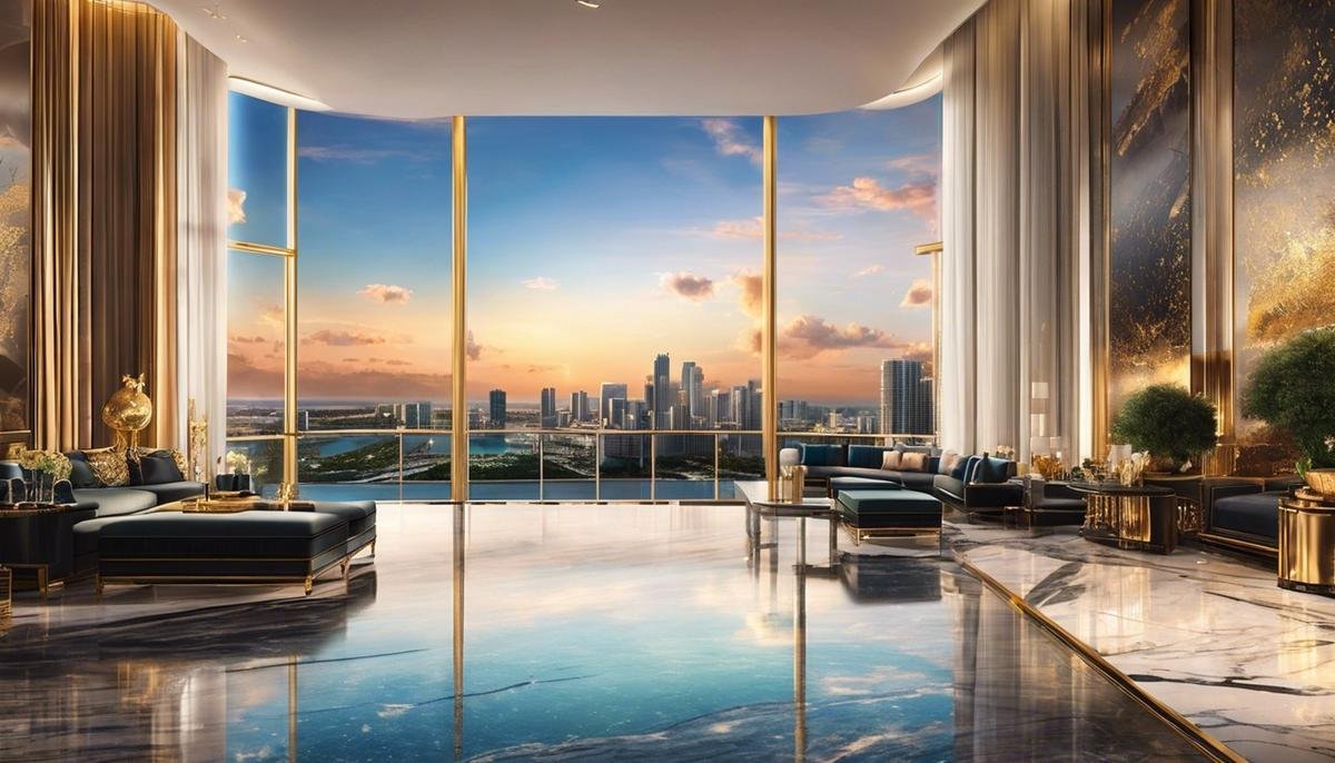 Illustration of luxury hospitality in Miami, showcasing a luxurious hotel lobby with gold leaf detailing, marble floors, and a rooftop pool with panoramic city views.