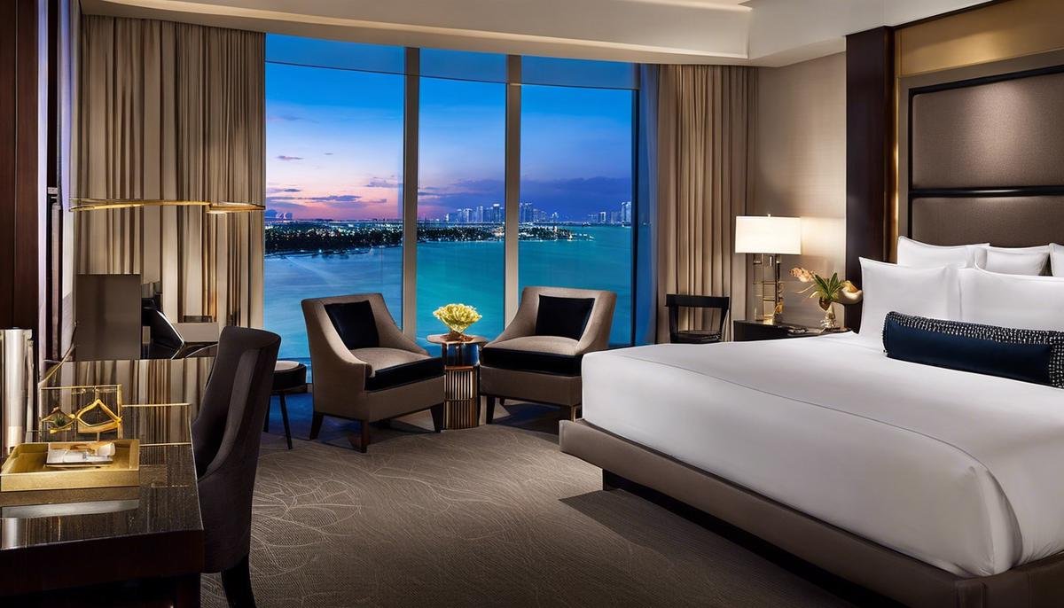 A luxurious hotel room in Miami, showcasing plush furnishings and modern design elements.