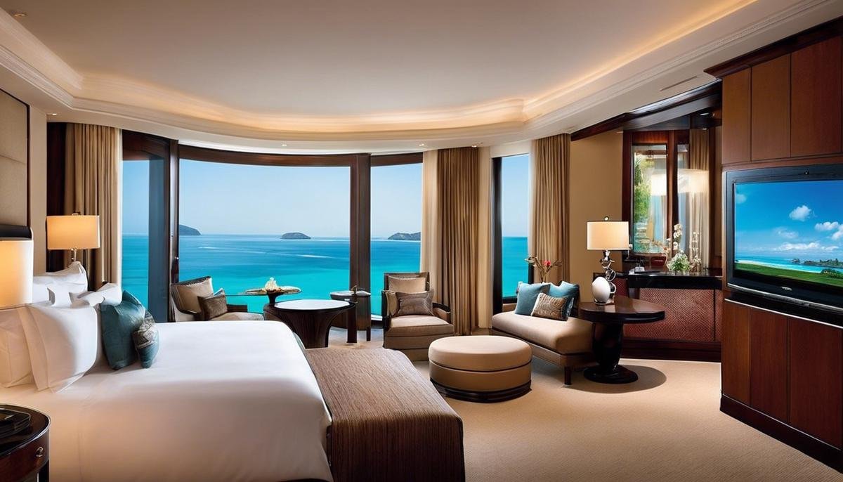 A luxurious hotel room with elegant decor and a view of the ocean.