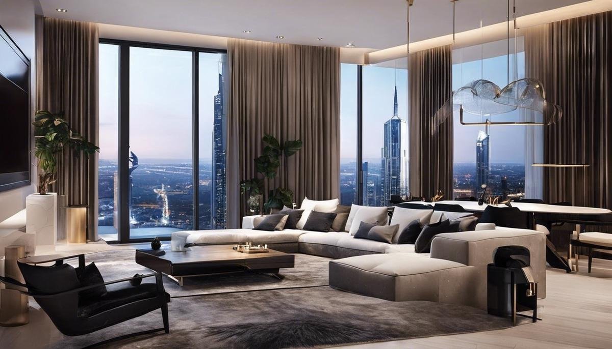 A modern and luxurious apartment interior with a stunning view of the city skyline.