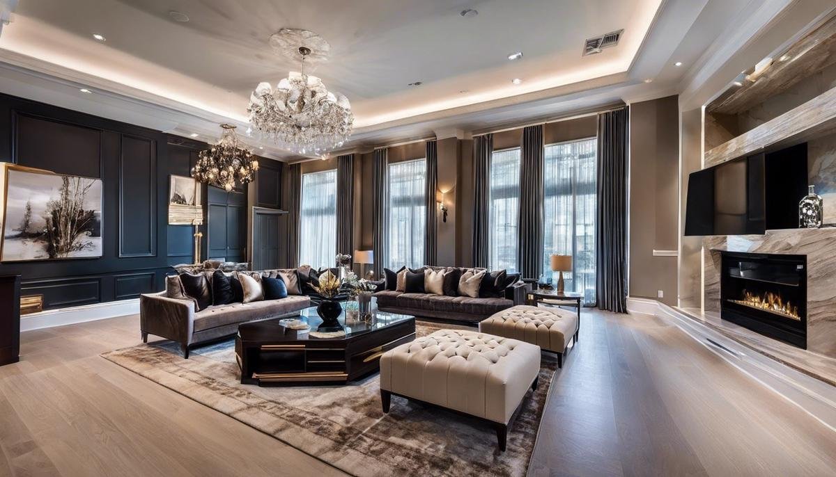 A luxurious living room in a luxury rental property, showcasing elegance and comfort for potential tenants.