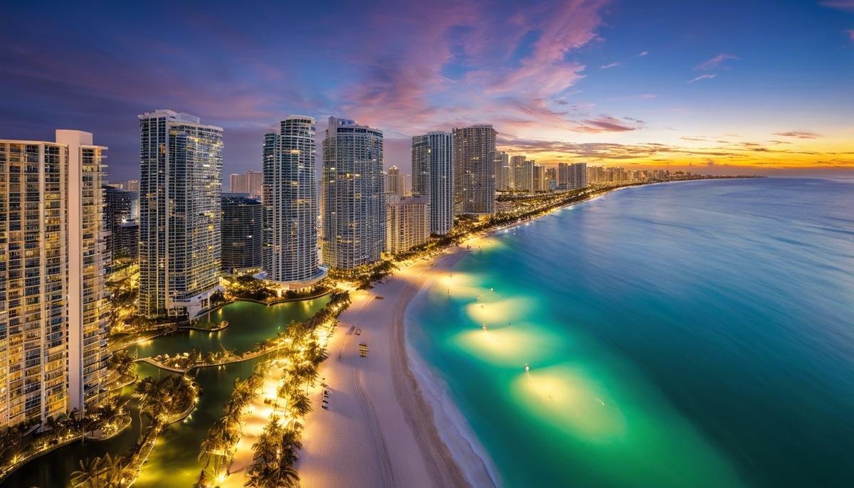 A stunning view of Miami Beach, showcasing its azure waters and golden sunsets.