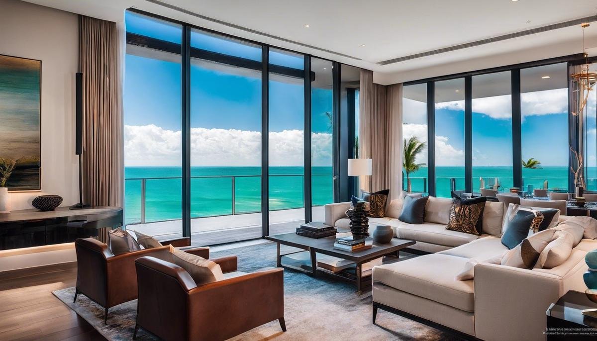 Image of a luxury rental property in Miami Beach with a view of the beach and palm trees.