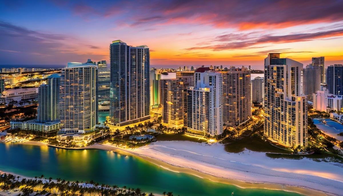 A city skyline at sunset with beautiful beach front properties in Miami Beach Real Estate.