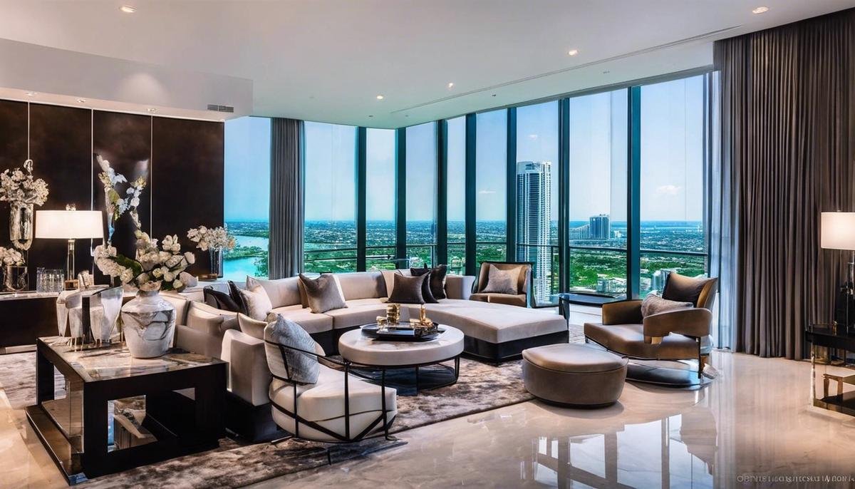 A luxurious Miami high-end rental property with a stunning view of the city skyline.
