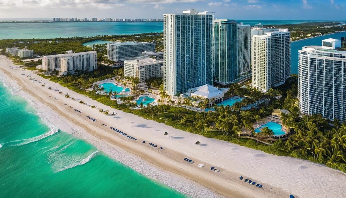 An aerial view of Miami's luxurious beachfront hotels with palm trees and blue ocean