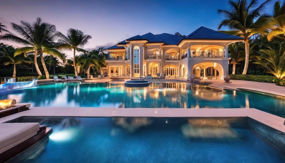 Image description: A stunning beachfront villa in Miami with palm trees and a crystal clear blue ocean in the background.