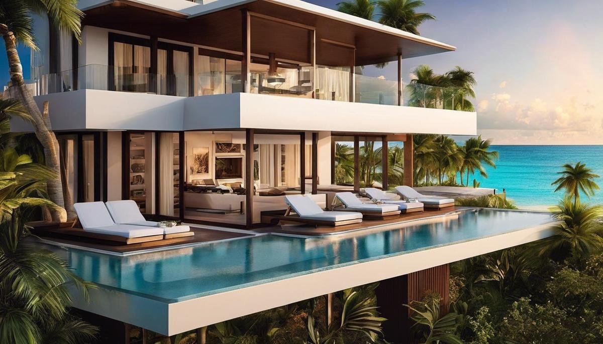A picturesque view of a luxurious vacation property overlooking the beach in Miami.