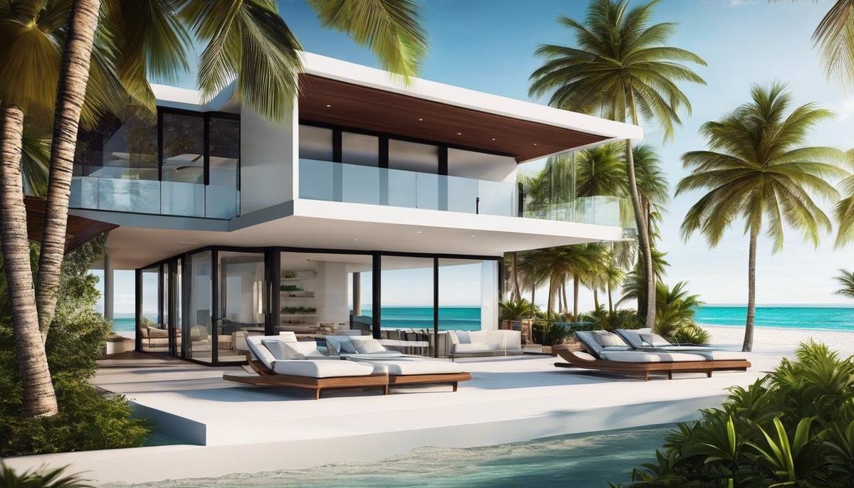 An image depicting a modern beachfront Miami property with palm trees in the foreground, representing the potential and attractiveness of investing in the Miami vacation property market.