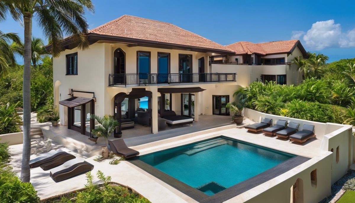A luxurious beachfront villa with a pool overlooking the ocean.