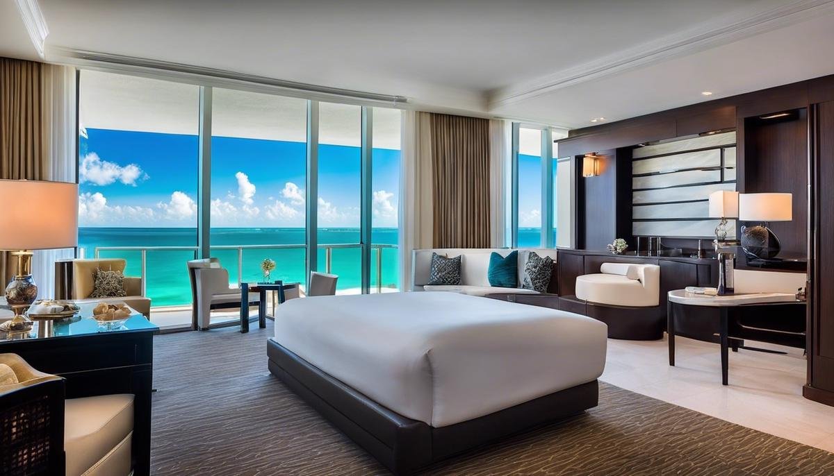 Upscale accommodations in Miami with dashes instead of spaces, describing a luxurious hotel room with a stunning ocean view.