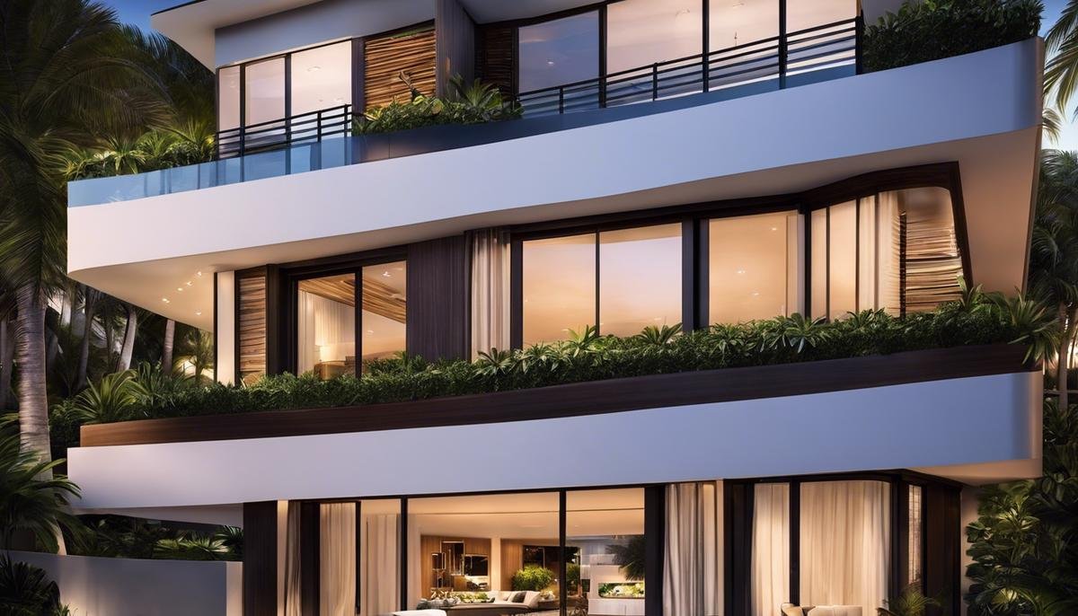 A luxurious and innovative upscale accommodation in Miami, showcasing elevated structure design to combat flood risk levels.